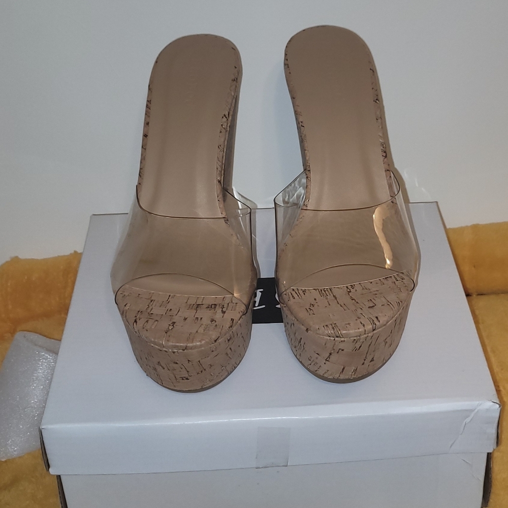 BAMBOO Tan and Clear Platform Mules